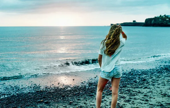 Girl, Coast, Ocean, Stones, Waves