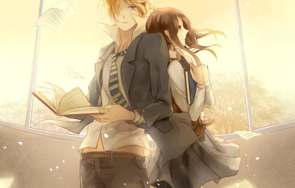 Girl, anime, Book, art, leaves, guy, two