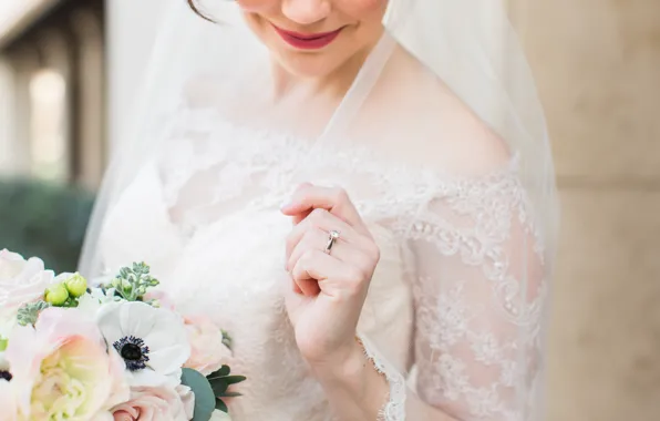 Girl, bouquet, ring, the bride