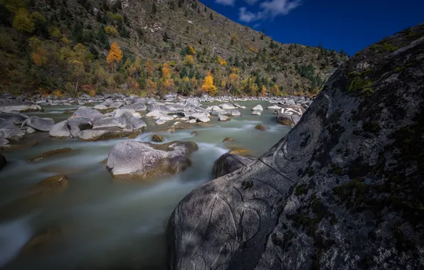 Picture autumn, mountains, river, stones, stream
