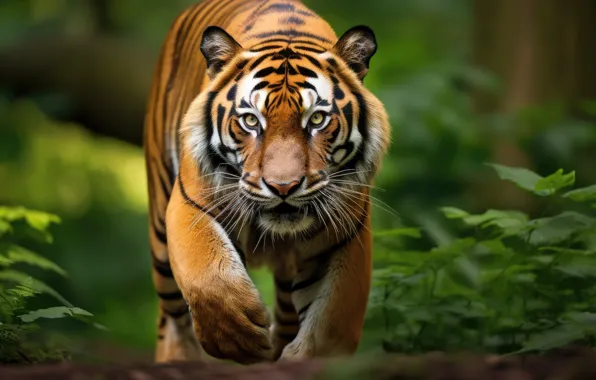 Forest, look, face, tiger, pose, wild cat, sneaks, AI art