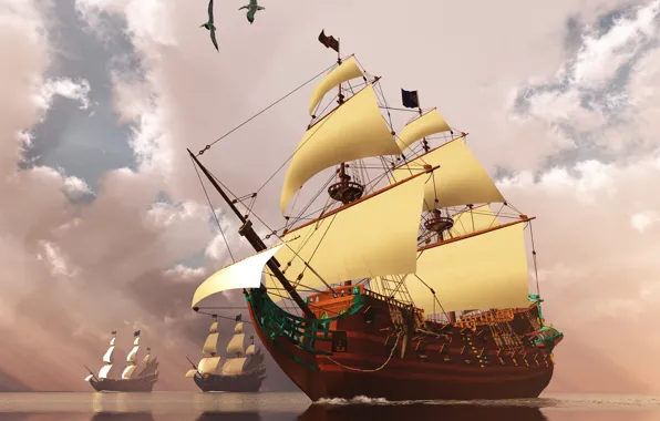 Sea, the sky, clouds, photo, ship, sailboat, 3D graphics