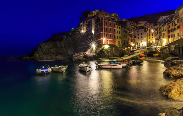 Sea, night, lights, home, Bay, Italy, Riomaggiore, Cinque Terre