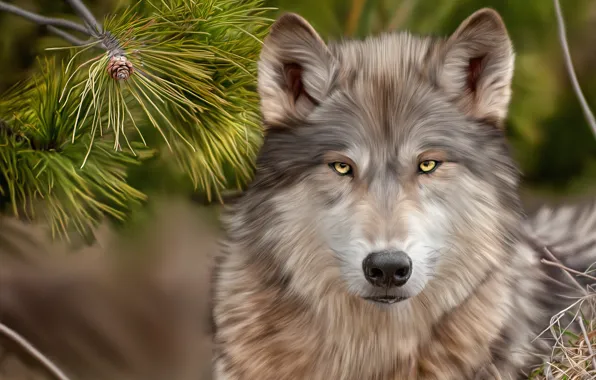 Look, wolf, pine, art, wolves, glance