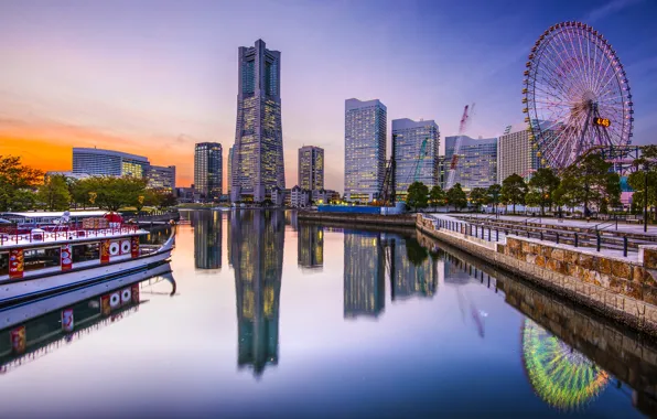 Picture the city, lights, home, skyscrapers, the evening, Japan, Ferris wheel, Yokohama