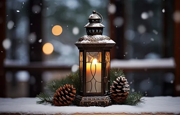 Winter, snow, night, Christmas, lantern, New year, Christmas, night