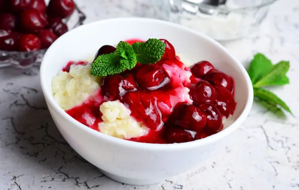 Cherry, mint, dessert, pudding, jelly