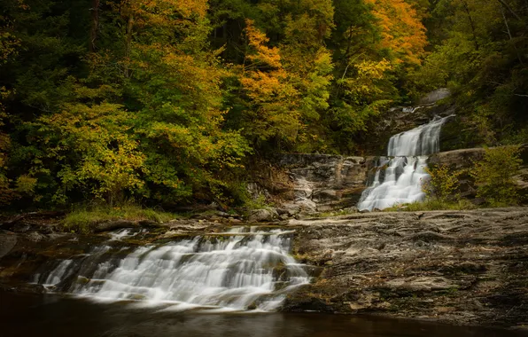 Autumn, forest, waterfall, cascade, Connecticut, Kent Falls