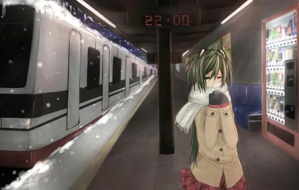 Picture girl, snow, metro, train, station, cars, vocaloid, hatsune miku