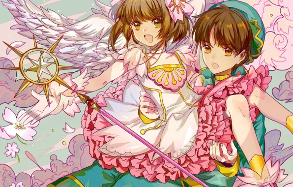 Wings, angel, spring, boy, art, girl, two, Card Captor Sakura