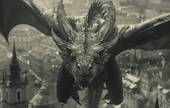 Home, The city, Dragon, Flight, Wings, Face, Digital art, Black and white
