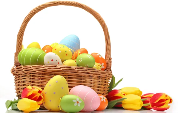Picture basket, eggs, colorful, Easter, flowers, tulips, eggs, easter