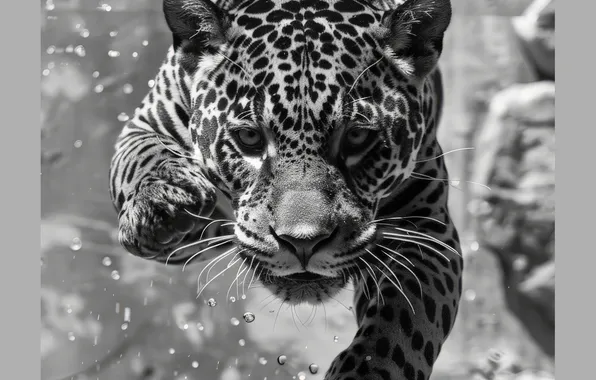 Picture Look, Jump, Jaguar, Face, Predator, Digital art, Black and white, Big cat