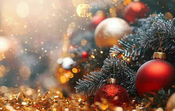 Balls, branches, lights, Christmas, New year, banner, needles, bokeh