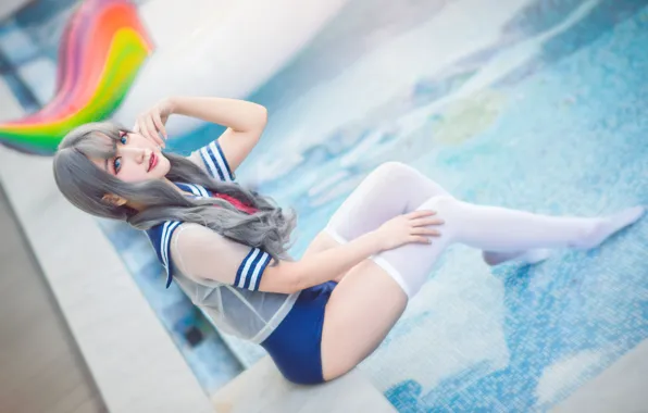 Swimsuit, look, water, girl, blue, face, sexy, pose