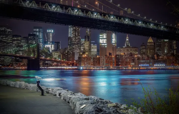 Strait, building, New York, Brooklyn bridge, bridges, night city, Manhattan, promenade