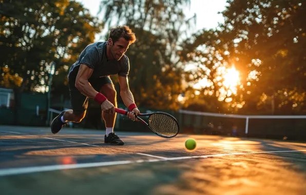 The sun, The ball, Sport, Court, Male, Tennis, Racket, Digital art