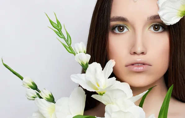 Picture look, flowers, close-up, background, portrait, makeup, hairstyle, brown hair