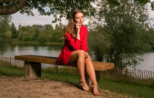 Picture bench, feet, dress, sitting, in red