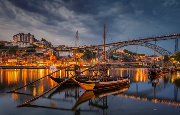 Picture bridge, river, home, boats, Portugal, night city, Portugal, Vila Nova de Gaia