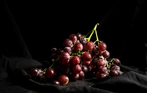Light, grapes, bunch, fabric, black background, still life