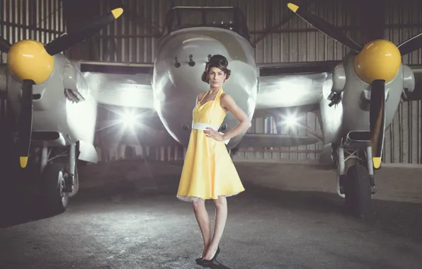 Girl, dress, the plane, Vintage