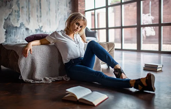 Girl, pose, books, jeans, Anya, on the floor, Alexander Kurennoy