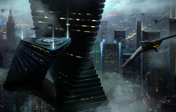 The city, future, transport, ship, art, megapolis