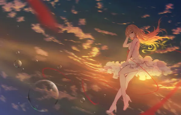 The sky, water, girl, sunset, Bakemonogatari, Oshino Shinobu