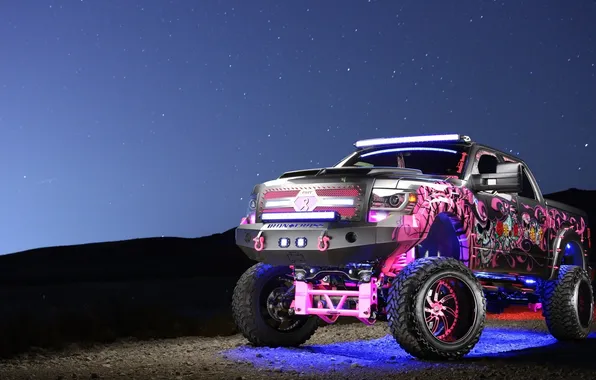 Picture black, pink, custom, truck, lift