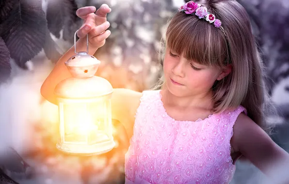 Branches, child, dress, girl, lantern, wreath