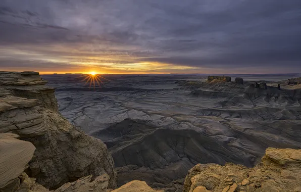The sky, the sun, rays, sunset, mountains, clouds, cracked, stones