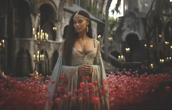 Chest, girl, balls, decoration, nature, pose, castle, candles
