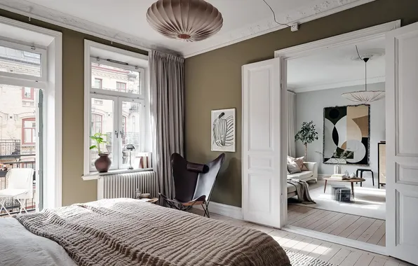 Design, style, interior, balcony, bedroom, living room, city apartment, Light-grey living room