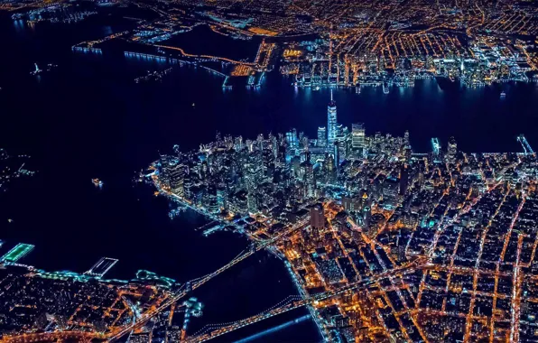 The city, lights, New York, the evening, Manhattan, New York On Air, aerial view of …