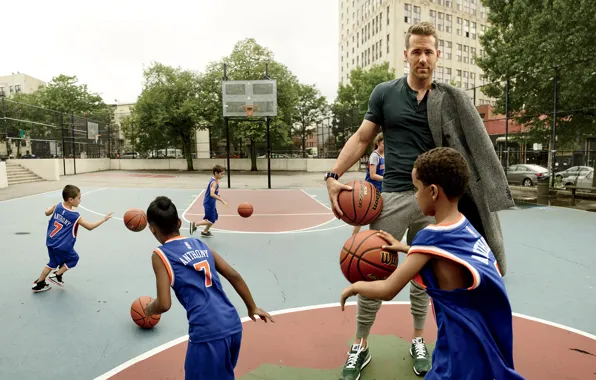 Children, sport, balls, actor, Ryan Reynolds, Ryan Reynolds, basketball, photoshoot