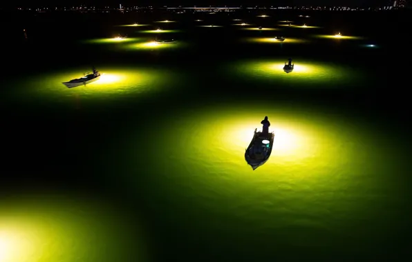 Water, light, night, the city, lights, fishermen