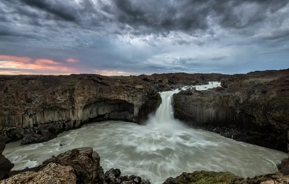 The sky, clouds, river, stones, rocks, waterfall, stream, Bank