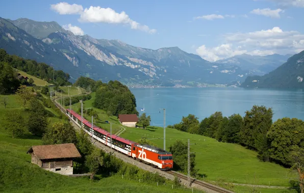 Greens, mountains, house, river, train
