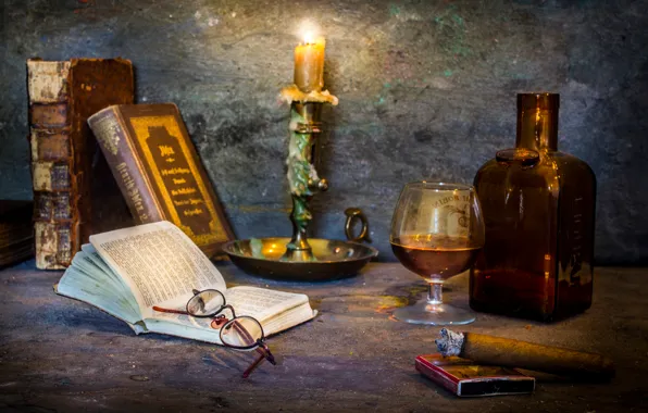 Glass, books, candle, cigar, A cosy corner