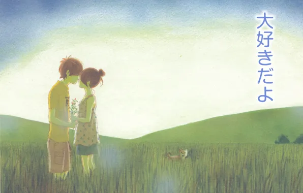 Field, summer, grass, kiss, horizon, characters, puppy, two