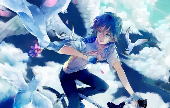 The sky, clouds, joy, flowers, nature, bike, bird, anime
