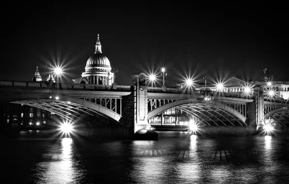 Night, bridge, river, black and white, lights