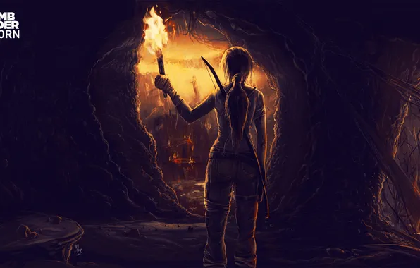 Picture girl, torch, Tomb Raider, cave, Lara Croft
