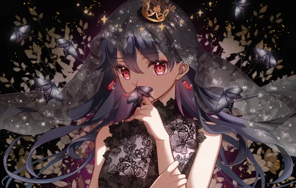 Butterfly, snowflakes, earrings, crown, hands, girl, red eyes, long hair