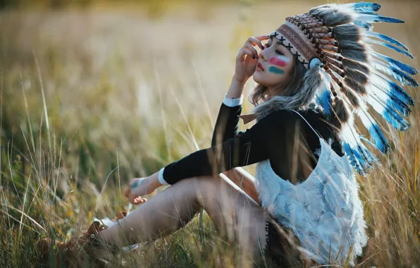 Field, summer, grass, girl, face, feathers, sitting, paint