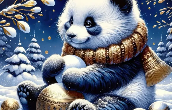 Winter, balls, snow, branches, new year, scarf, bear, Christmas