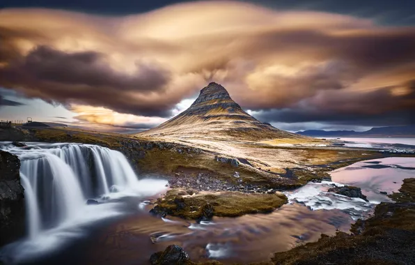 Clouds, nature, mountain, waterfall, Iceland, Kirkjufell