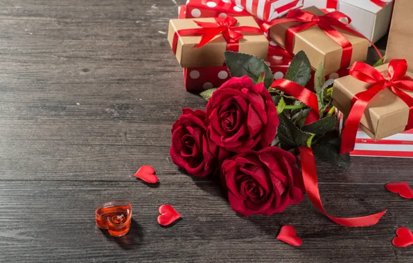 Love, flowers, gift, heart, roses, candles, hearts, love