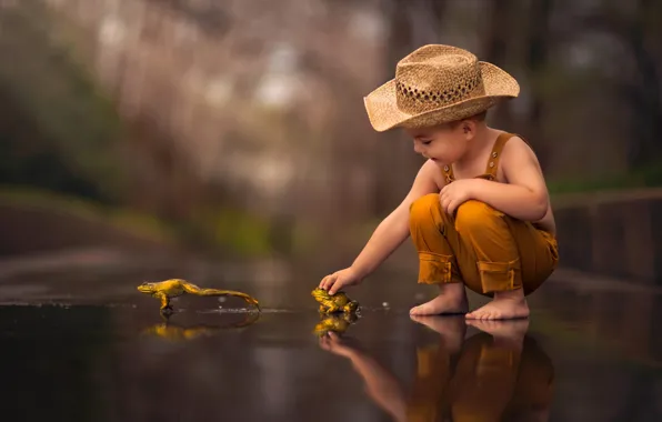 Picture frog, hat, boy